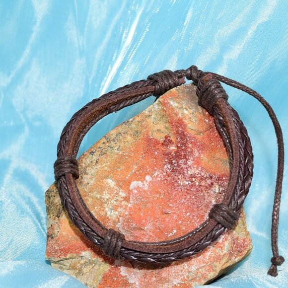 Michael Diego Mens Braid Layered Sliding Tie Leather Bracelet Brown Gift Package - Picture 2 of 9